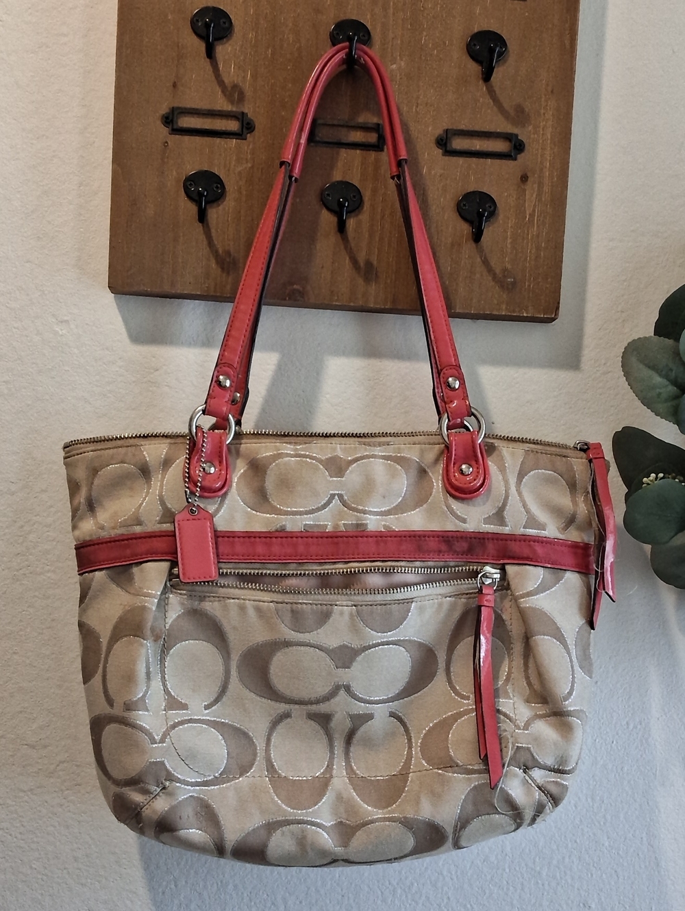 Coach Poppy Signature Glam Tote Brown & Coral